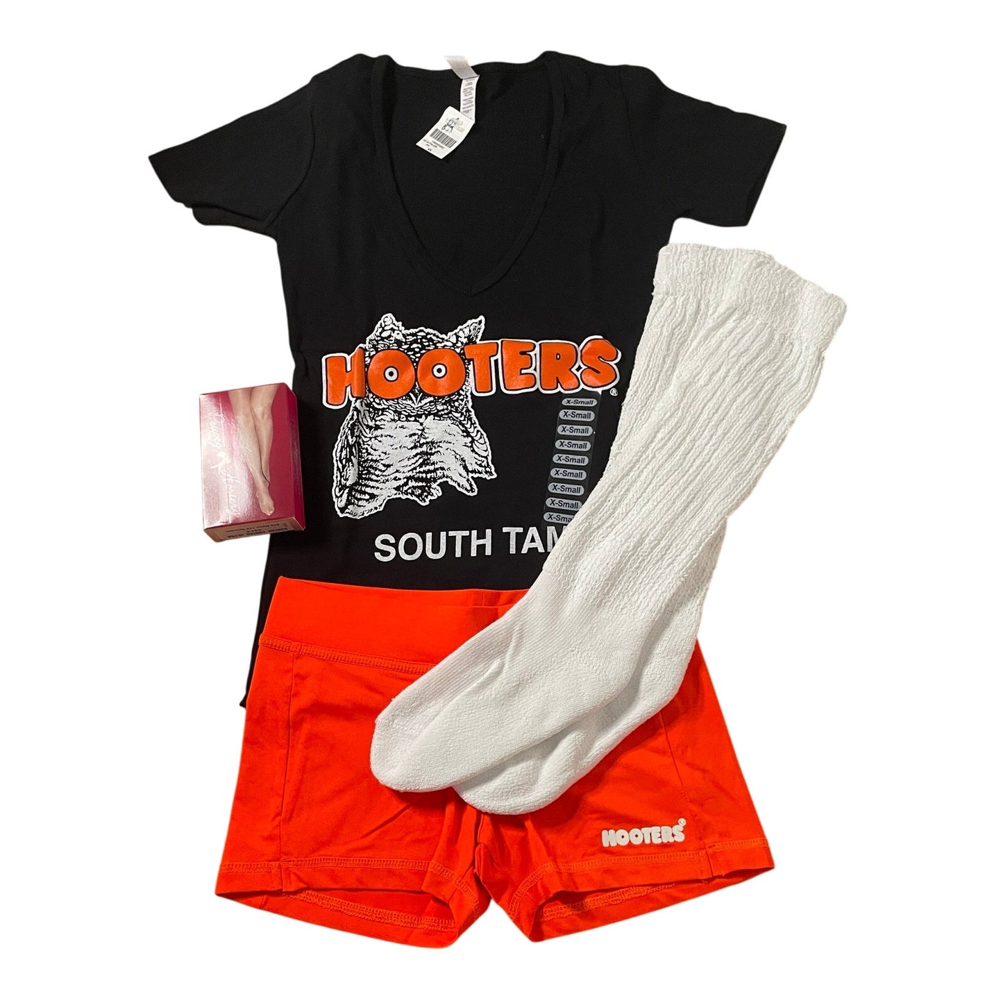 New Women’s Hooters Girl Uniform V-Neck t-shirt Shorts Scrunchie Socks & Pantyhose Size Xs/Xxs