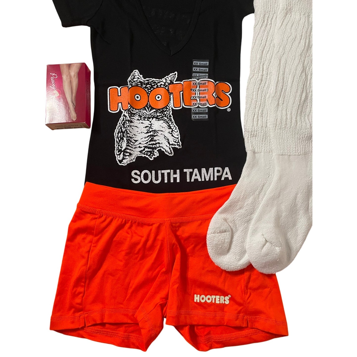 New Women’s Hooters Girl Uniform V-Neck t-shirt Shorts Scrunchie Socks & Pantyhose Size Xxs/Xxxs