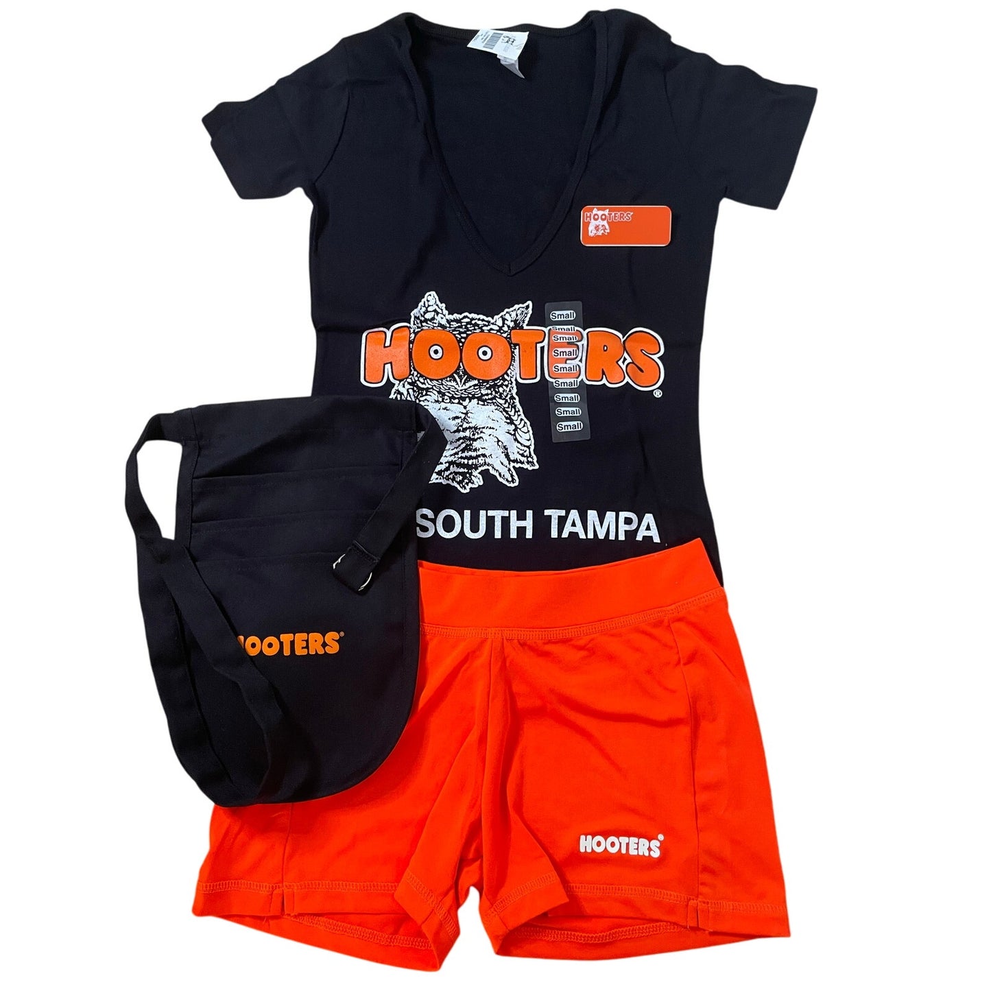 New Women’s Hooters Girl Uniform V-Neck t-shirt Shorts Scrunchie Socks & Pantyhose Size Xxs/Xxxs