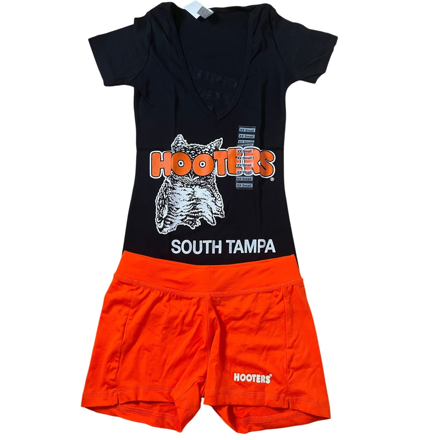New Women’s Hooters Girl Uniform V-Neck t-shirt Shorts Scrunchie Socks & Pantyhose Size Xxs/Xxxs