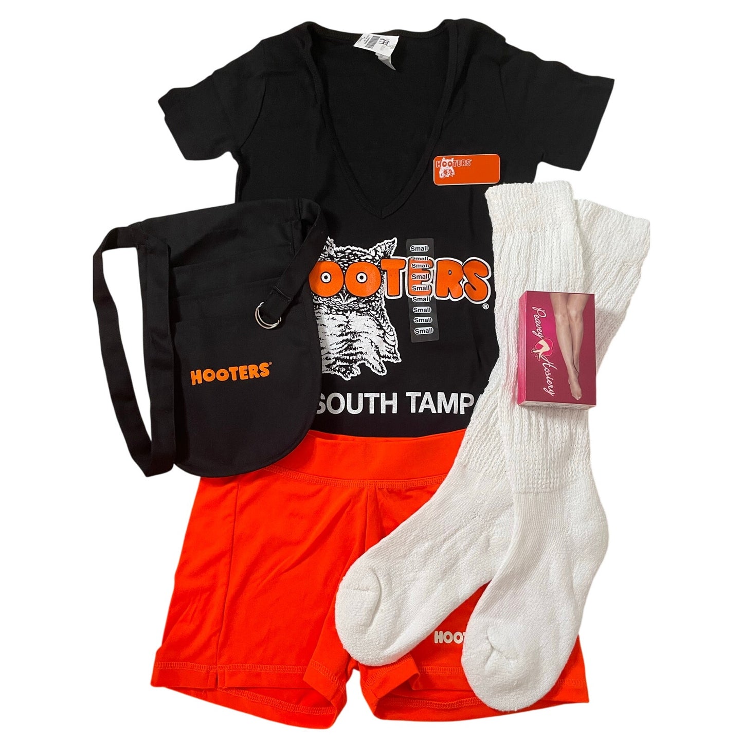 New Women’s Hooters Girl Uniform V-Neck t-shirt Shorts Scrunchie Socks & Pantyhose Size Xxs/Xxxs