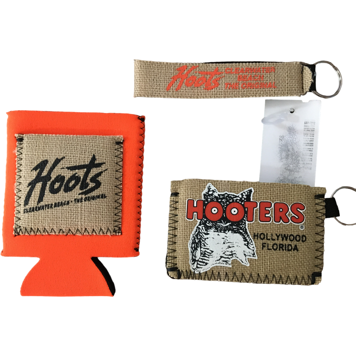 Hoots Clearwater Beach Koozie Key Ring Credit Card Holder
