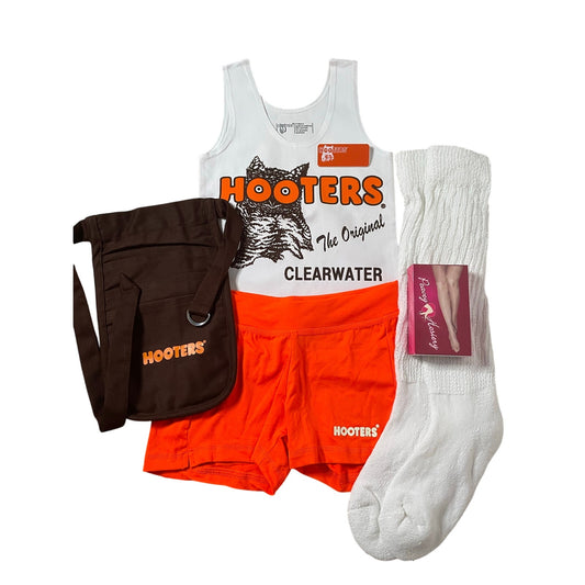 New Women’s Hooters Girl Uniform Tank Shorts Pouch Name Tag Scrunchie Socks Pantyhose Clearwater Florida Size Xs