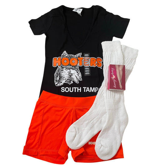 New Women’s Hooters Girl Uniform V-Neck t-shirt Shorts Scrunchie Socks & Pantyhose Size Xxs/Xxxs