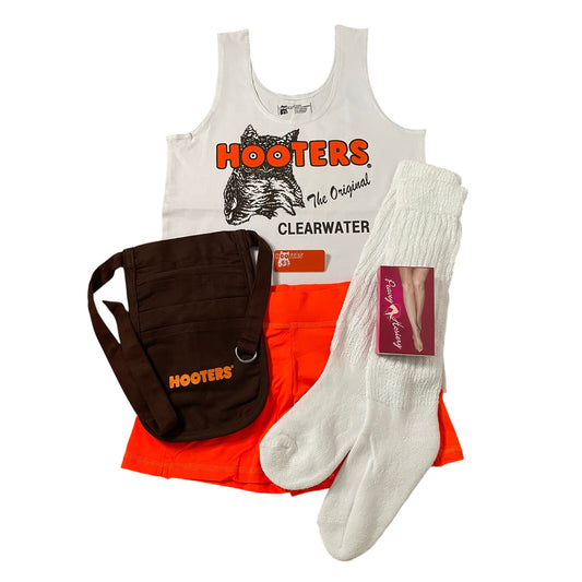 New Women’s Hooters Girl Uniform Tank Shorts Pouch Name Tag Scrunchie Socks Pantyhose Clearwater Florida Size Large