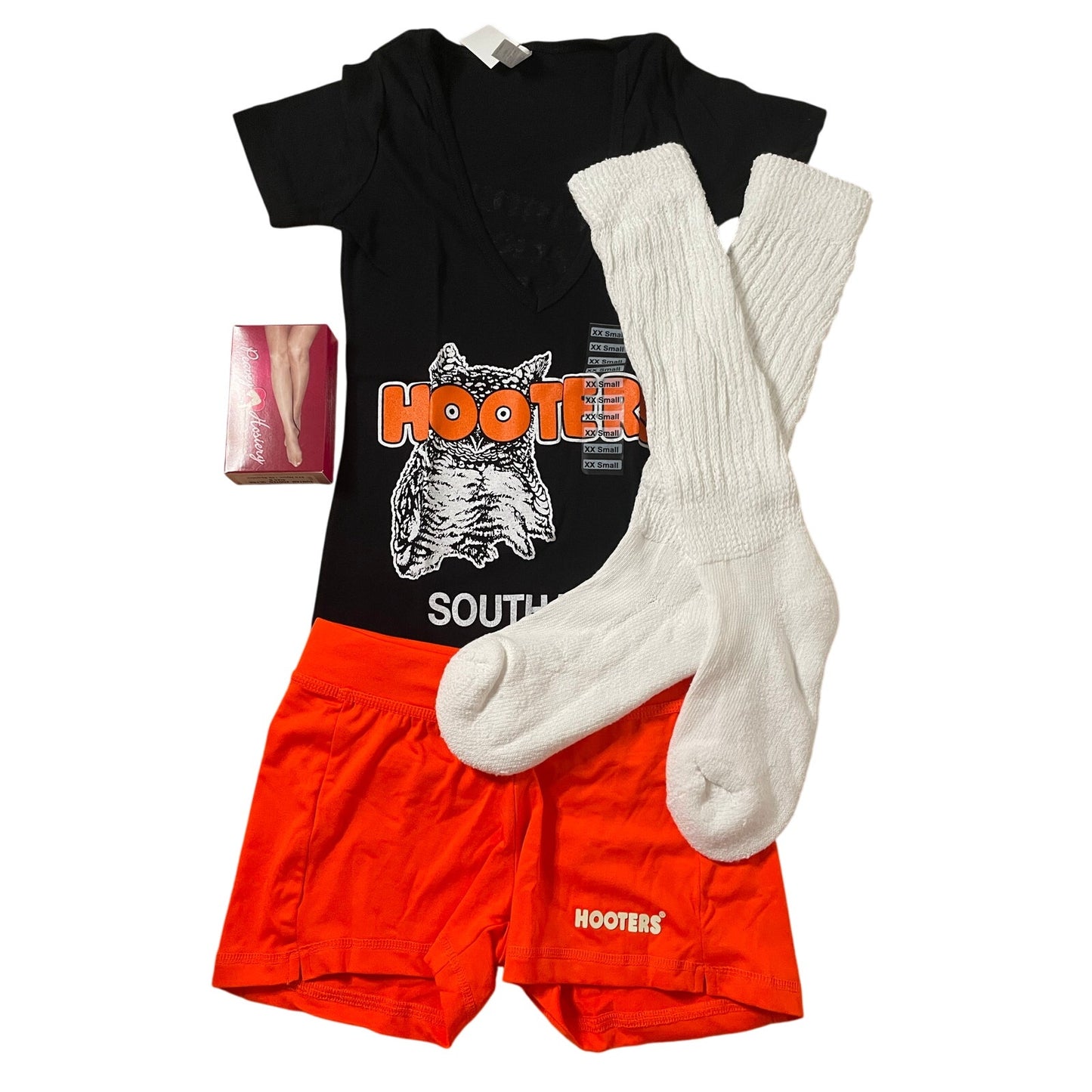 New Women’s Hooters Girl Uniform V-Neck t-shirt Shorts Scrunchie Socks & Pantyhose Size Xxs/Xxxs