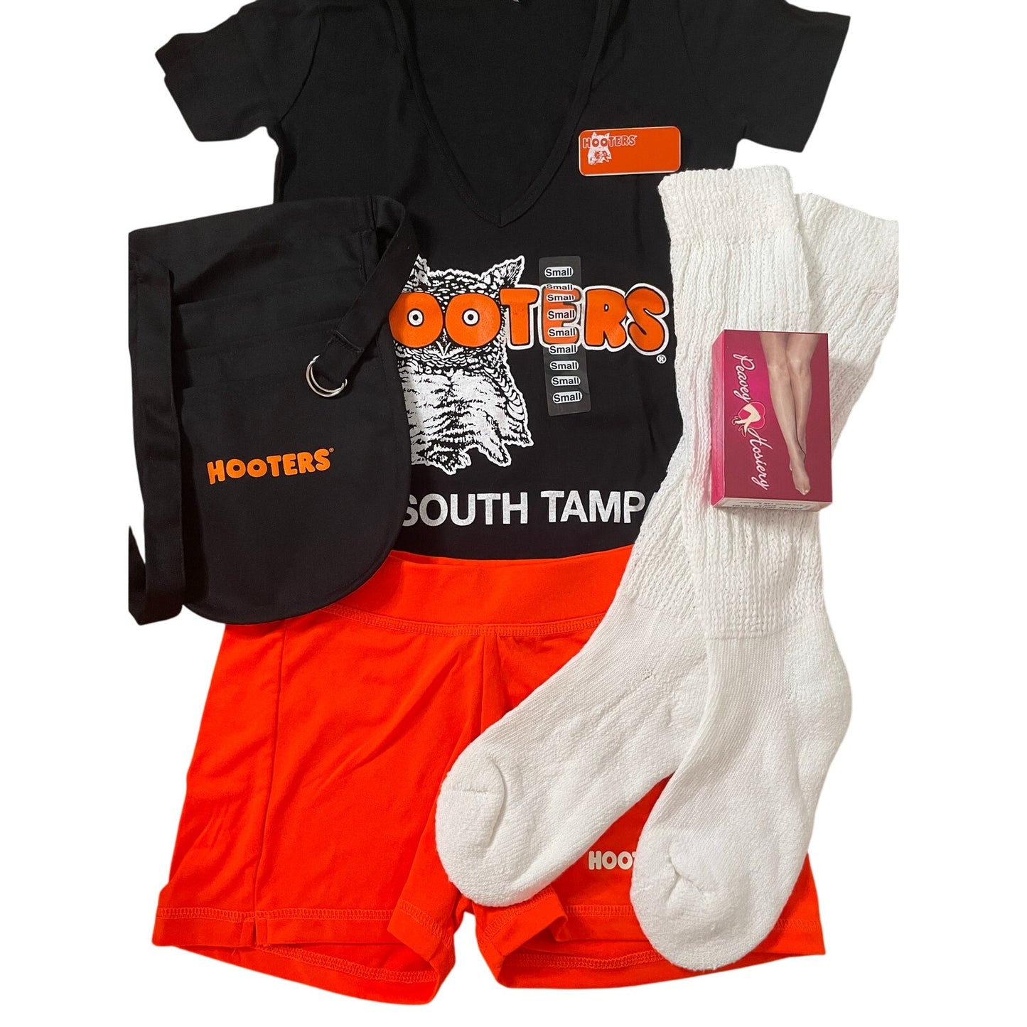 New Women’s Hooters Girl Uniform V-Neck t-shirt Shorts Scrunchie Socks & Pantyhose Size Xxs/Xxxs