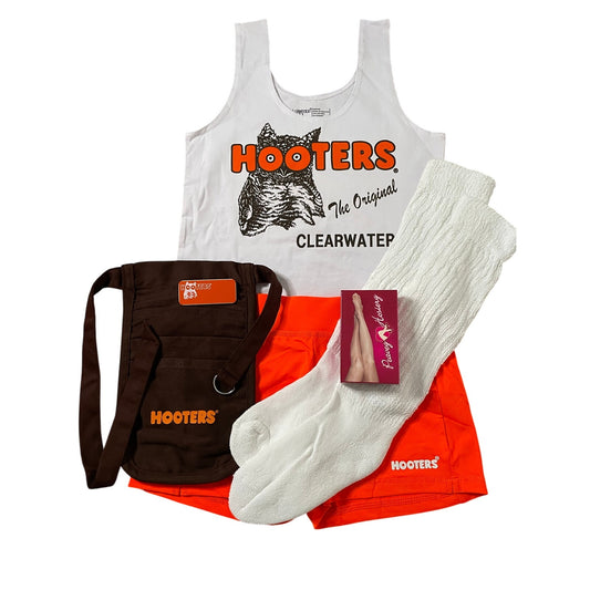 New Women’s Hooters Girl Uniform Tank Shorts Pouch Name Tag Scrunchie Socks Pantyhose Clearwater Florida Size Medium
