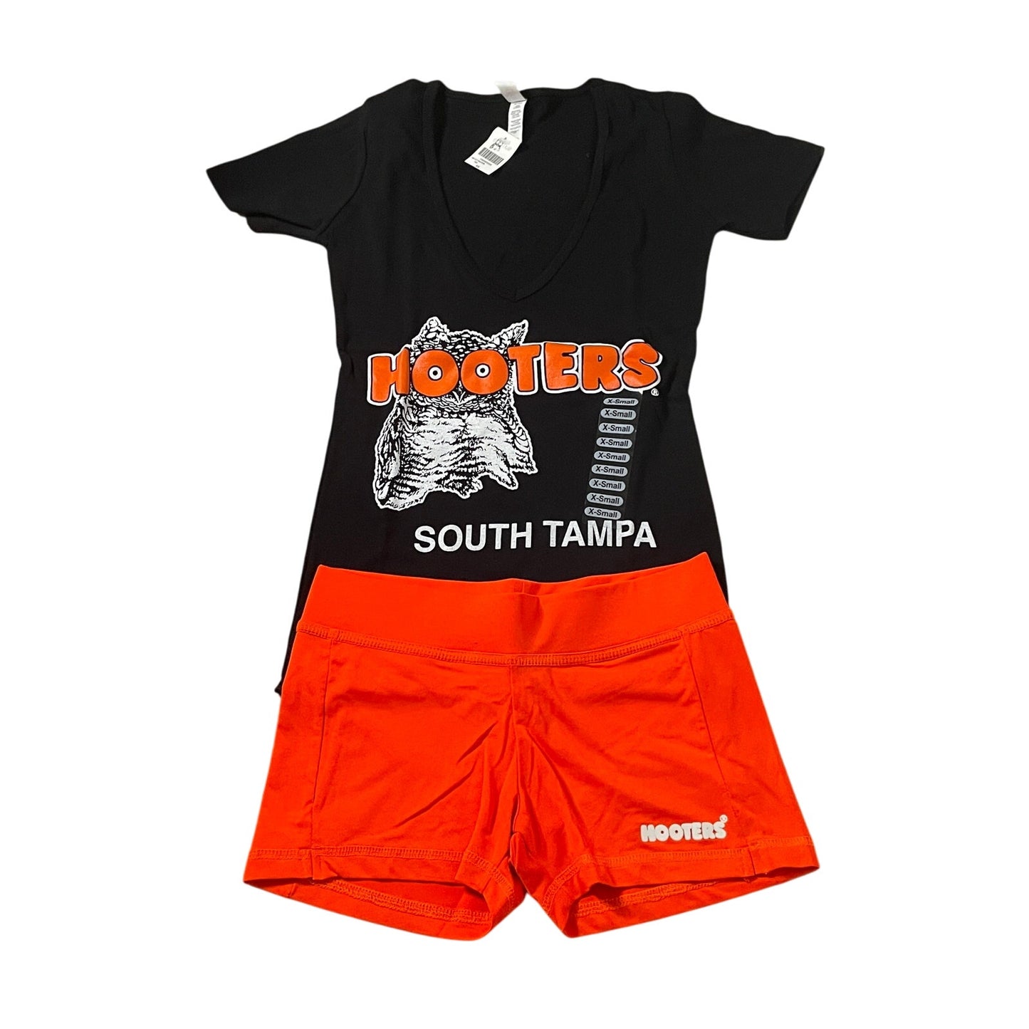 New Women’s Hooters Girl Uniform V-Neck t-shirt Shorts Scrunchie Socks & Pantyhose Size Xs/Xxs