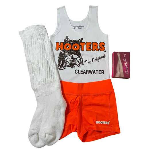 New Women’s Hooters Girl Uniform Tank Shorts Pouch Name Tag Scrunchie Socks Pantyhose Clearwater Florida Size Large