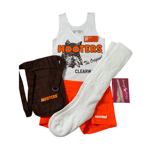 New Women’s Hooters Girl Uniform Tank Shorts Pouch Name Tag Scrunchie Socks Pantyhose Clearwater Florida Size Xs