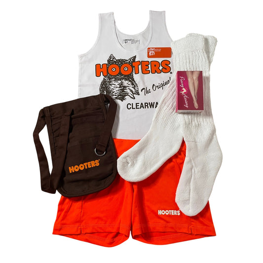 New Women’s Hooters Girl Uniform Tank Shorts Pouch Name Tag Scrunchie Socks Pantyhose Clearwater Florida Size Small