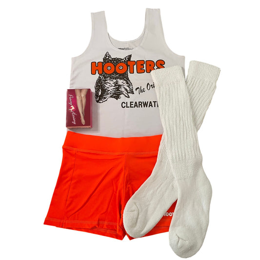 New Women’s Hooters Girl Uniform Tank Shorts Pouch Name Tag Scrunchie Socks Pantyhose Clearwater Florida Size Medium/Large