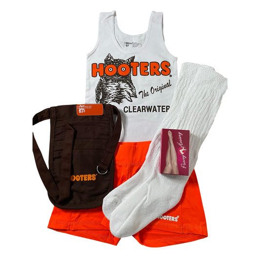 New Women’s Hooters Girl Uniform Tank Shorts Pouch Name Tag Scrunchie Socks Pantyhose Clearwater Florida Size Xs