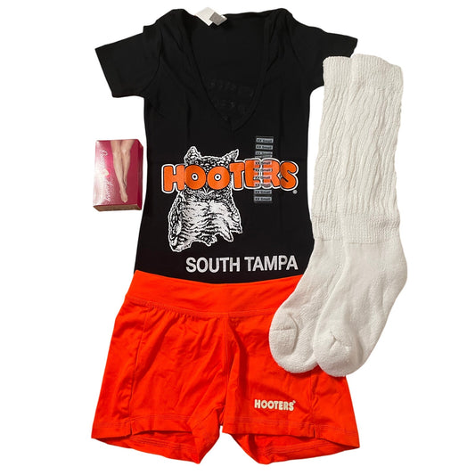 New Women’s Hooters Girl Uniform V-Neck t-shirt Shorts Scrunchie Socks & Pantyhose Size Xxs/Xxxs