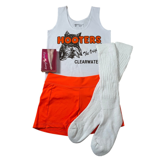 New Women’s Hooters Girl Uniform Tank Shorts Pouch Name Tag Scrunchie Socks Pantyhose Clearwater Florida Size Small
