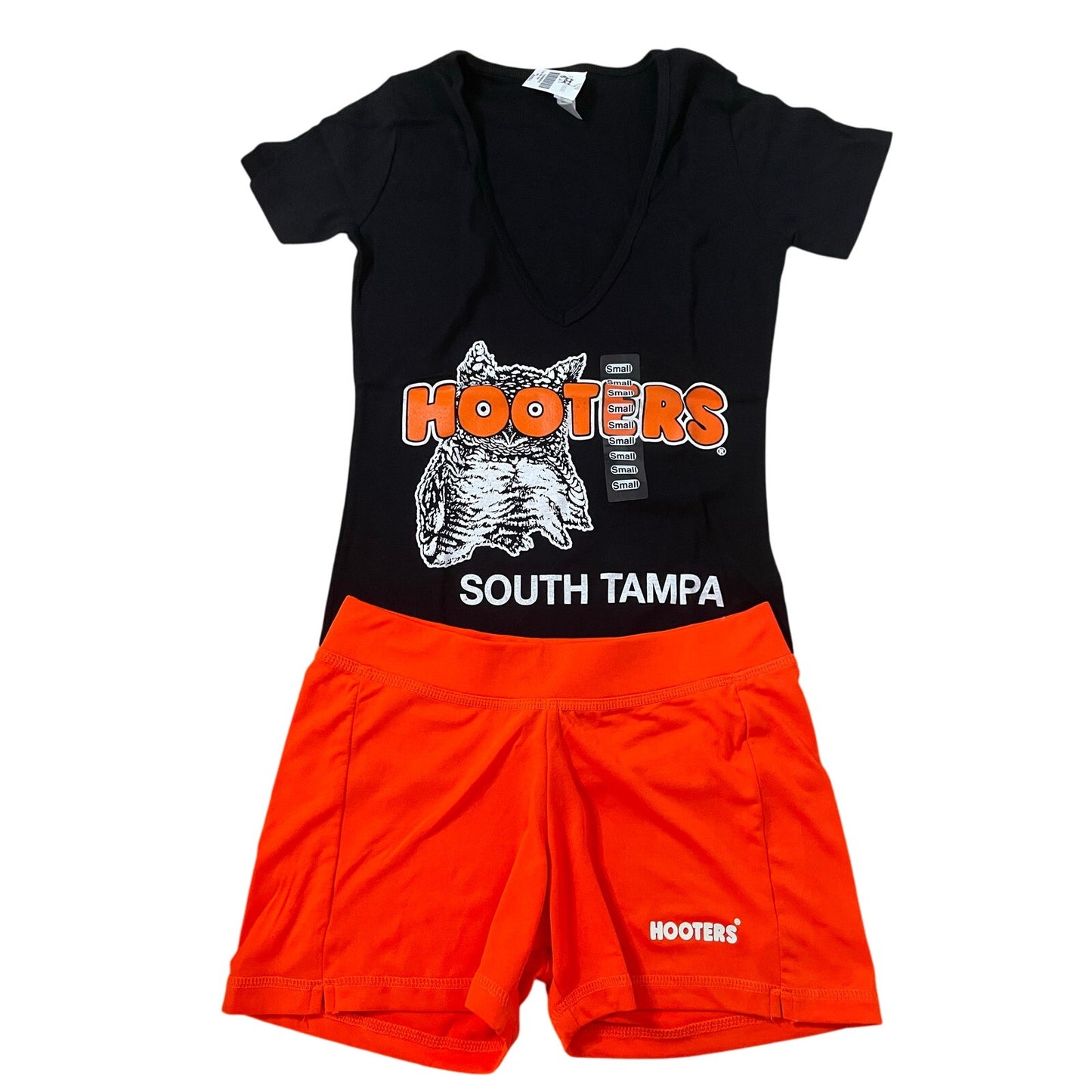 New Women’s Hooters Girl Uniform V-Neck t-shirt Shorts Scrunchie Socks & Pantyhose Size Xxs/Xxxs