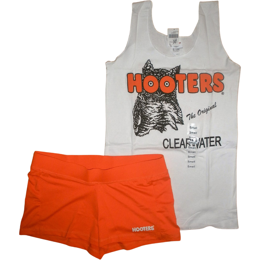 Hooters Women's Uniform Costume Outfit Tank Shorts Brown Pouch Tag